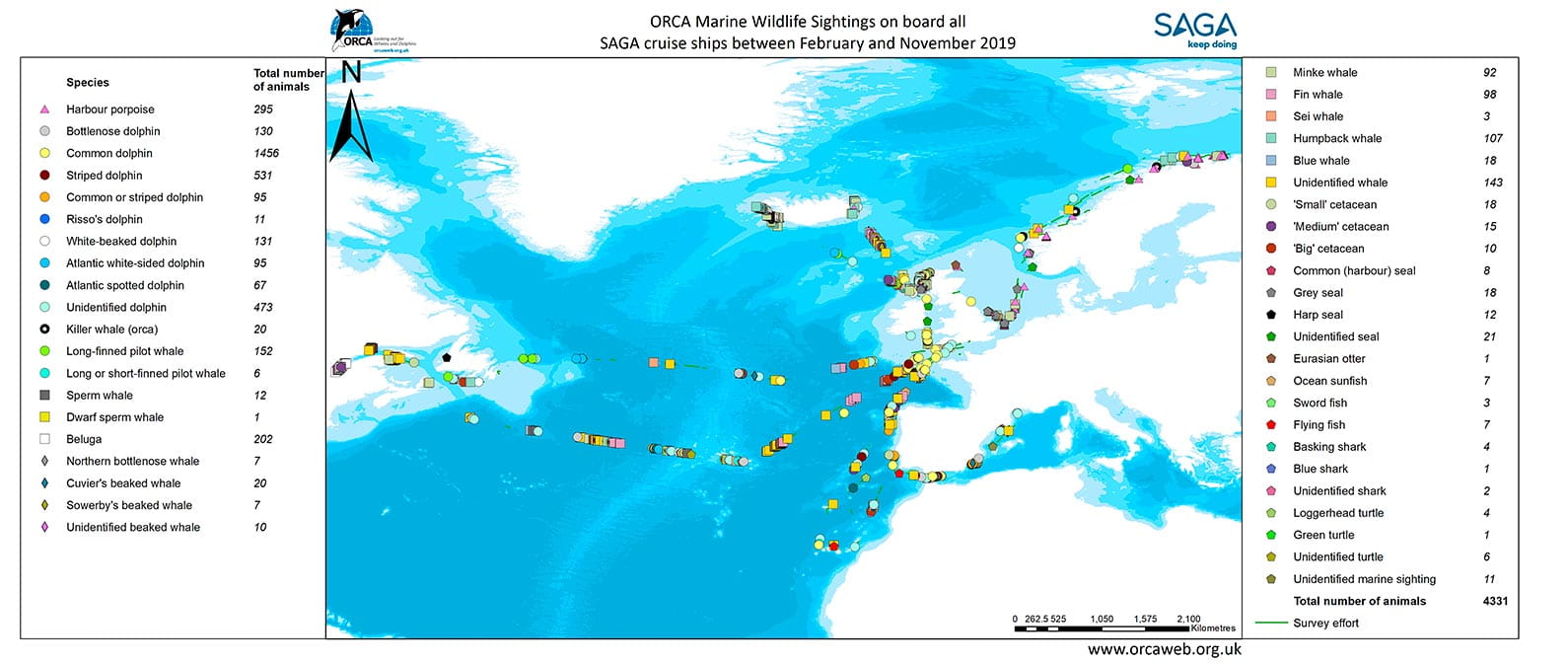 A map, courtesy of ORCA, detailing marine wildlife sightings on board all Saga cruise ships between February and November 2019